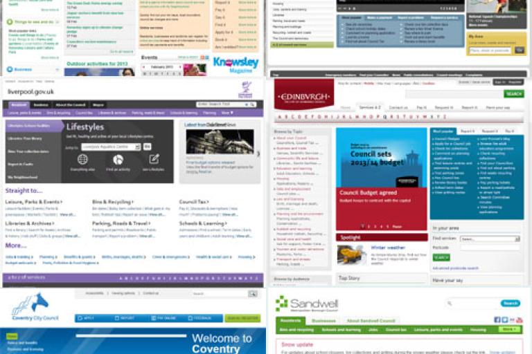 Six council website home pages from 2013