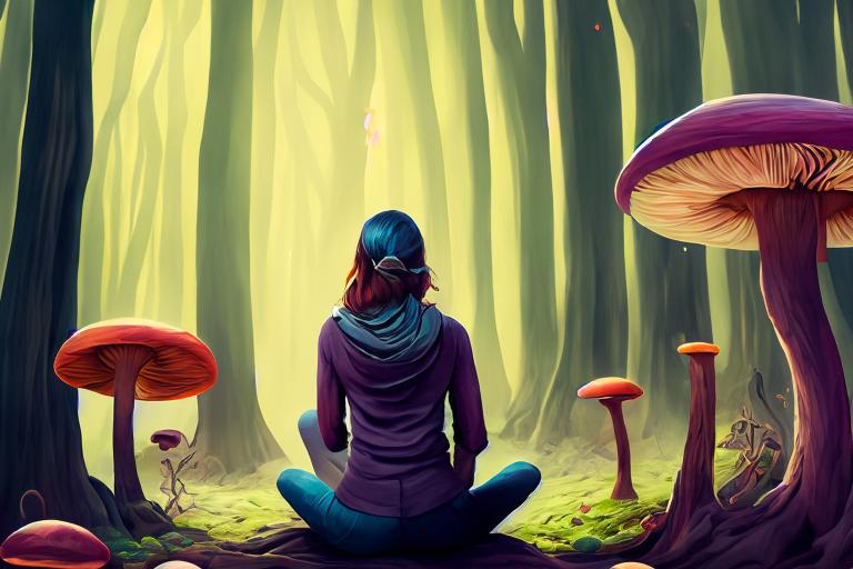 A woman sat in contemplation, in the middle of a fantasy mushroom forest