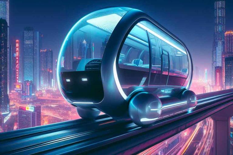A futuristic monorail car going along a raised track through the city at night, twinkling lights from the buildings all around