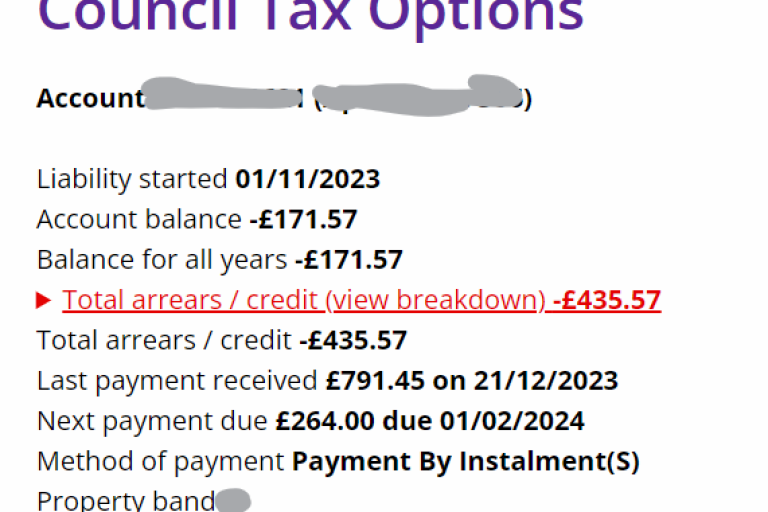 In black: 'Account balance -£171.57'; below in red: 'Total arrears / credit (view breakdown): -£435.57'. Below that, in black: 'Total arrears / credit: -£435.57'. Further below, in black 'Next payment due £264.00 due 01/02/2024'.