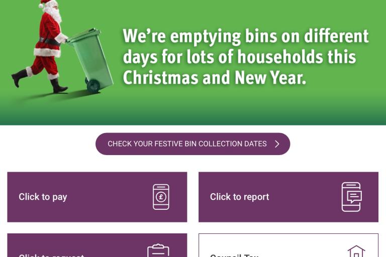 Council website home page with a big banner about Christmas bin day changes