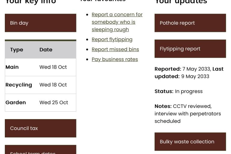 Key information, favourites, and recent updates section of the BigTown Council website