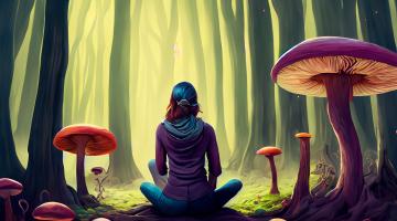 A woman sat in contemplation, in the middle of a fantasy mushroom forest