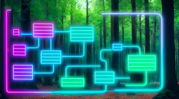 A neon flowchart, floating in a forest