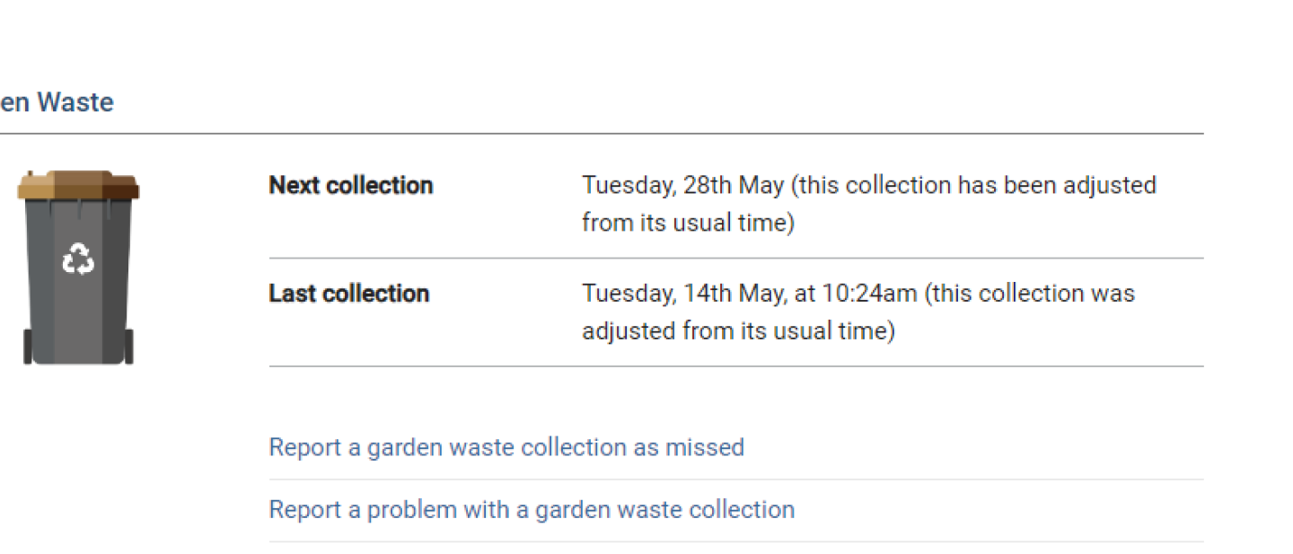 Scrennshot from a council website showing what time a citizen's bins were collected
